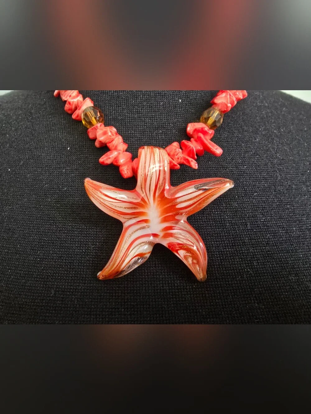 Orange Glass Starfish Pendant Beaded Necklace